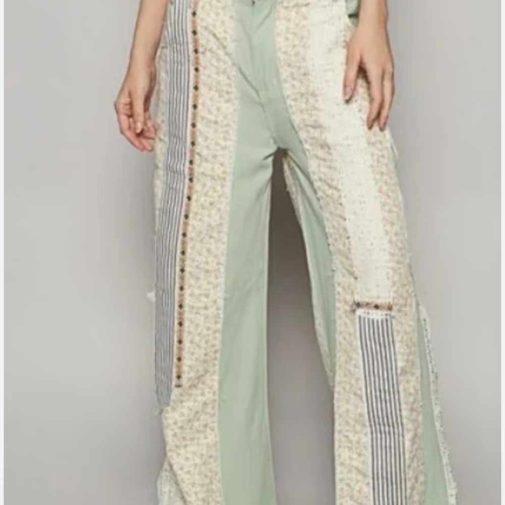 POL Wide Leg Green and Cream Pants with Distressed Details